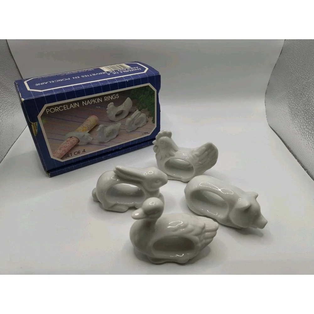 VTG Porcelain Napkin Rings 1984 Bunny Pig Duck Chicken Farm In Original Box
